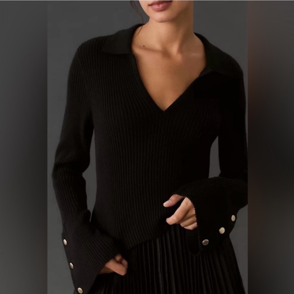 Anthropologie Maeve Bell-Sleeve Polo Sweater Black Size XSmall Ribbed fitted